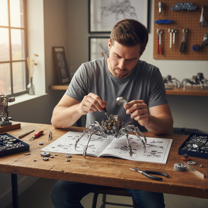  A focused man meticulously assembling a complex mechanical spider 3D puzzle metal model, a challenging DIY metal kit, using tools and a magnifying glass at a wooden workbench. This metal model is a rewarding project that results in a funny table display.