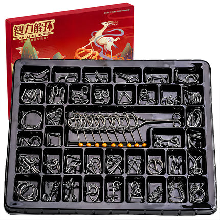 Large collection of metal puzzle rings in a gift box, a challenging 3D puzzle DIY Metal Kits set, perfect for funny table games and brain training.
