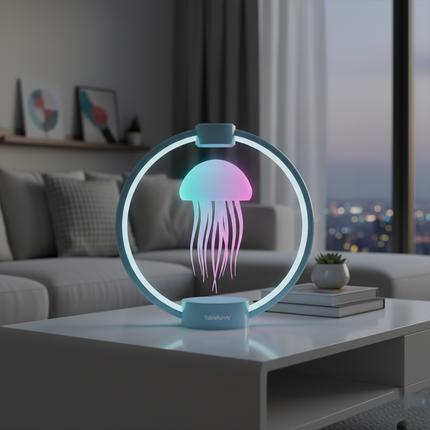  Stylish levitating jellyfish night light on a clean white coffee table in a modern living room, creating a serene and funny table centerpiece with its unique glow.