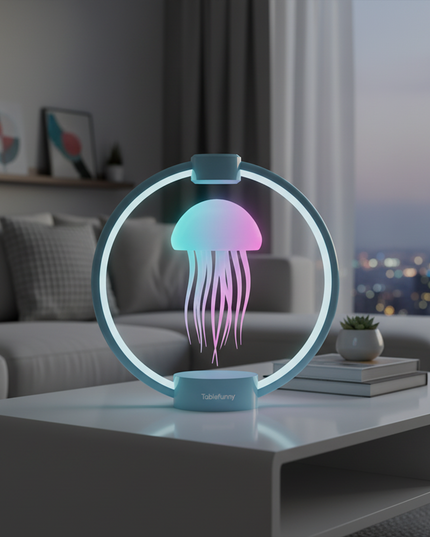 Tablefunny Colorful Magnetic Levitation Jellyfish Lamp - 360° Rotating Dimmable Ambient Night Light (Blue/Light Wood Grain Base)