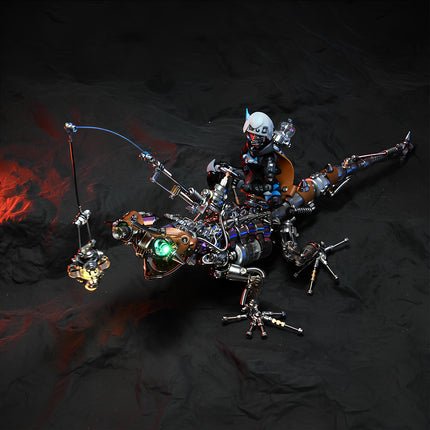 Steampunk lizard mech metal model with a pilot figure and glowing lure, an intricate 3D puzzle for mechanical steampunk collectors.