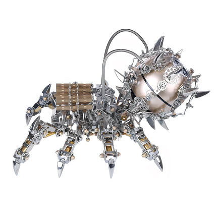Rear-side view of a heavy-duty mechanical steampunk spider metal model 3D puzzle Metal Kit, featuring a robust chrome and brass construction, exposed gears, spiked spherical body, and intricate ammunition belt-like details on its back. This impressive steam punk mech presents a challenging and visually rich steampunk puzzle.