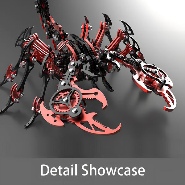  Detail showcase of a complex metallic 3D puzzle, featuring a striking red and black mechanical scorpion. This metal model kit is a challenging build.