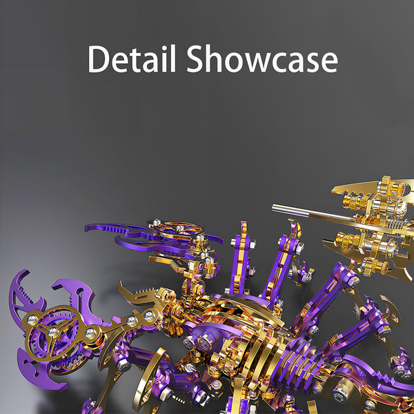 Detail Showcase of a vibrant purple and gold mechanical scorpion metal model, highlighting intricate segments and robotic claws. This DIY 3D puzzle from our Metal Kits collection is a visually stunning and funny table display for advanced hobbyists.