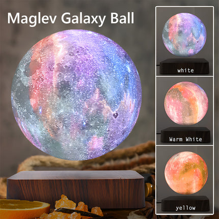 Maglev Galaxy Ball with color-changing options (White, Warm White, Yellow) floating over a wood base