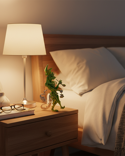 A whimsical green DIY 3D puzzle metal kit metal model, charmingly displayed on the nightstand alongside a warm-toned lamp, creates a cozy evening ambiance. This playful metal model serves as a unique and amusing tabletop decoration, perfect for adding a touch of whimsy to any bedroom or personal space