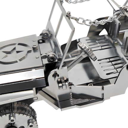 Close-up of the intricate details of a Jeep Metal Model, highlighting the DIY 3D puzzle craftsmanship. A cool funny table piece for car enthusiasts.
