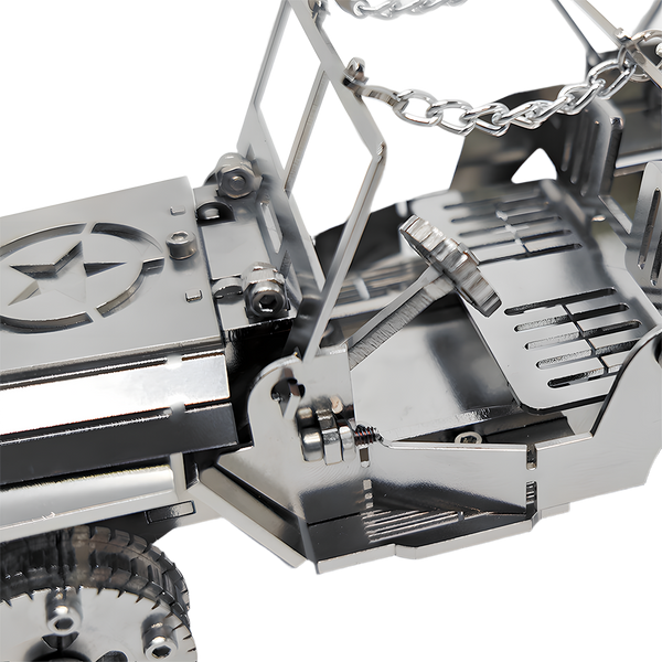 Close-up of the intricate details of a Jeep Metal Model, highlighting the DIY 3D puzzle craftsmanship. A cool funny table piece for car enthusiasts.