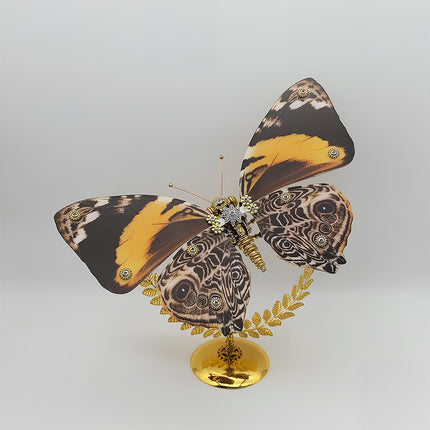 Owl butterfly-inspired mechanical butterfly DIY 3D puzzle metal kits - nature-themed assembly craft with eye-patterned wings, finished as luxurious funny table decor for living rooms/boutiques, featuring diamond accents & intricate gearwork