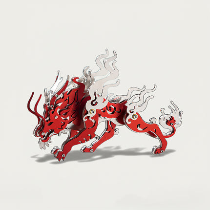 Metal Zhulong 3D puzzle Metal Kit - A festive fun toy for culture and art lovers, this DIY assembled model is a table funny piece with a bold, intricate, and auspicious mythical beast design. It invites you to craft a piece of prosperity part by part, and the finished crimson Qilin, with its vibrant red and silver details, becomes a lively desktop ornament, making it an energetic fun toy full of cultural blessings.