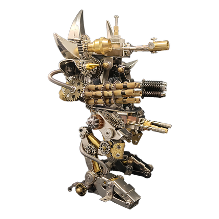 An oblique view of the Metal Model Robot Rampager, showcasing its weaponry and intricate gear mechanisms. This exquisite DIY 3D puzzle from our metal model kit collection makes an excellent “funny table” desktop display and a unique “table funny” metal model for collectors