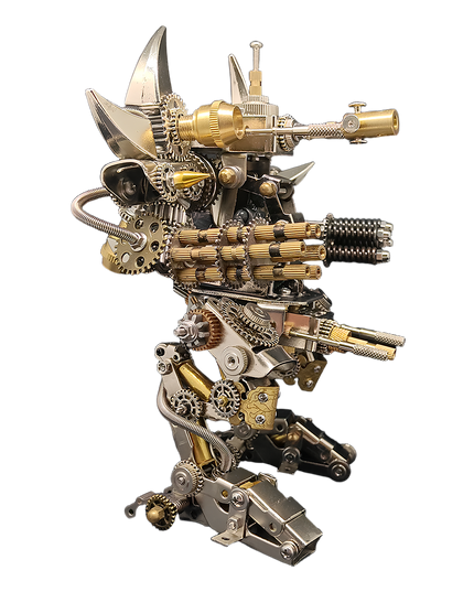 An oblique view of the Metal Model Robot Rampager, showcasing its weaponry and intricate gear mechanisms. This exquisite DIY 3D puzzle from our metal model kit collection makes an excellent “funny table” desktop display and a unique “table funny” metal model for collectors