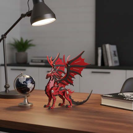 An impressive red and black metal dragon model serves as a striking and whimsical desktop decoration on a wooden desk. This DIY 3D puzzle metal kit is an exquisite metal model crafted for fantasy enthusiasts