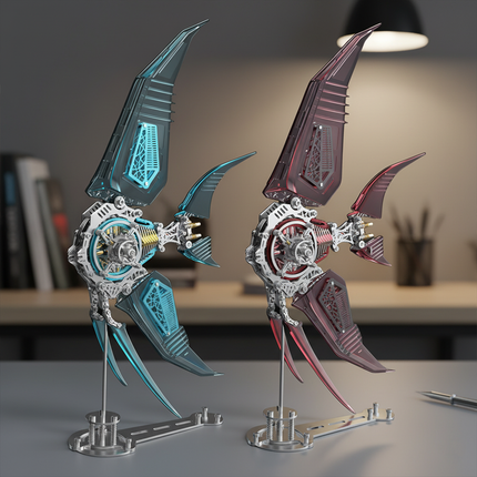 Two sleek, futuristic mechanical fish models, one in translucent blue and the other in translucent red, displayed elegantly on stands on a modern desk. These intricate metal model designs are engaging DIY projects from our 3D puzzle metal kits, perfect for adding a touch of funny table art to any home or office