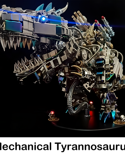 Detailed Tablefunny Mechanical Tyrannosaurus metal assembly model, showcasing its formidable jaw, integrated weaponry, and luminous blue accents. An imposing tablefunny desktop centerpiece for collectors