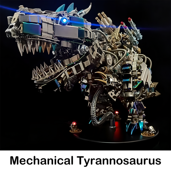 Detailed Tablefunny Mechanical Tyrannosaurus metal assembly model, showcasing its formidable jaw, integrated weaponry, and luminous blue accents. An imposing tablefunny desktop centerpiece for collectors
