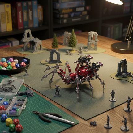 Tablefunny Red Metallic Mechanical Spider Model, centerpiece for a tabletop wargame battlefield setup with miniatures, terrain, and dice, intricate 3D metal assembly puzzle