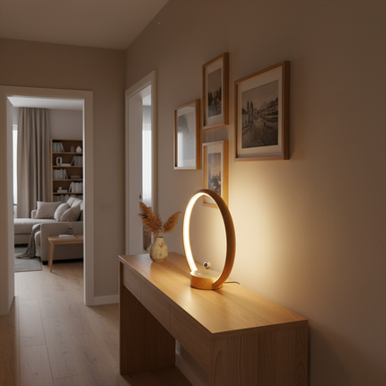 Elegant modern levitating light display on a wooden console table in a minimalist hallway, warm ambient lighting, decorative magnetic levitation lamp