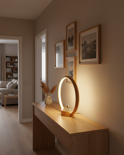 Elegant modern levitating light display on a wooden console table in a minimalist hallway, warm ambient lighting, decorative magnetic levitation lamp