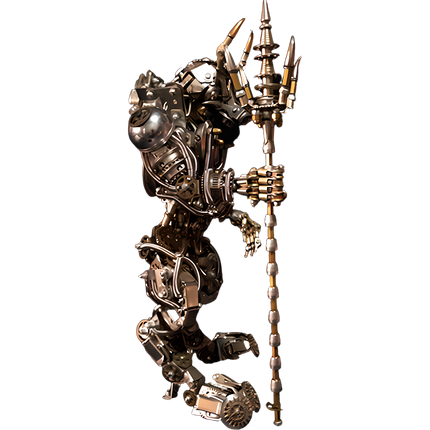 Side view of a metal model holding a detailed trident, a complete 3D puzzle Metal Kits figure on a transparent background. This DIY collectible is a funny table centerpiece, demonstrating dynamic pose and intricate metal craftsmanship.