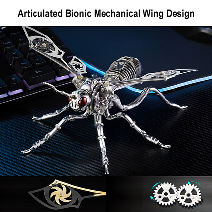 This Cyberpunk Mechanical Wasp 3D Puzzle Metal Kit features an Articulated Bionic Mechanical Wing Design with a sleek silver finish, exposed mechanical gears, ornate wing patterns, and striking red accents on the eyes. Set against a tech-themed surface (near a backlit keyboard), the finished product, with its intricate structural details and dynamic pose, serves as a striking focal point for your desk or funny table. Blending insect aesthetics with cyberpunk industrial art