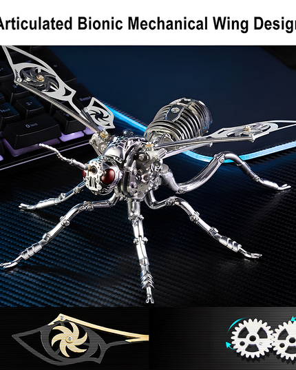 This Cyberpunk Mechanical Wasp 3D Puzzle Metal Kit features an Articulated Bionic Mechanical Wing Design with a sleek silver finish, exposed mechanical gears, ornate wing patterns, and striking red accents on the eyes. Set against a tech-themed surface (near a backlit keyboard), the finished product, with its intricate structural details and dynamic pose, serves as a striking focal point for your desk or funny table. Blending insect aesthetics with cyberpunk industrial art