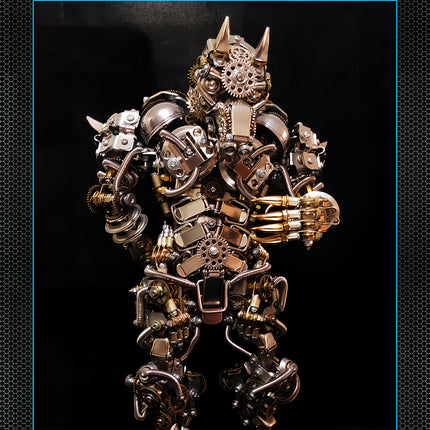 Intricate DIY 3D puzzle metal model of a horned mech warrior, perfect for a funny table centerpiece. This unique Metal Kits collectible showcases complex gears and steampunk design, appealing to hobbyists and fans of detailed craftsmanship.
