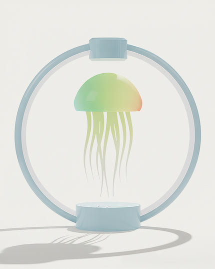 Table Funny Magnetic Levitation Jellyfish Decorative Lamp Artwork - An innovative creation for home decor lovers, tech enthusiasts, and design admirers, this piece from Table Funny features a magnetic levitation jellyfish decorative lamp with a light blue circular frame, gradient color lighting, and a minimalist design. Highlighted by soft pastel hues, a floating jellyfish silhouette, magnetic levitation technology, and sleek light blue textures.