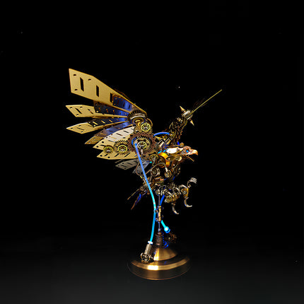  Intricate steampunk eagle mech metal model with spread wings and glowing blue accents, a detailed 3D puzzle for mechanical steampunk collectors.