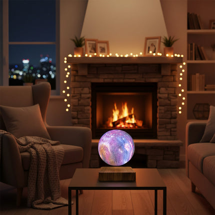 Magnetic levitation star nebula ball lamps float above a wooden base, emitting soft light, placed in a cozy lounge area featuring armchairs and a fireplace