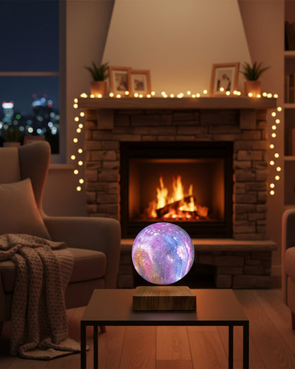 Magnetic levitation star nebula ball lamps float above a wooden base, emitting soft light, placed in a cozy lounge area featuring armchairs and a fireplace