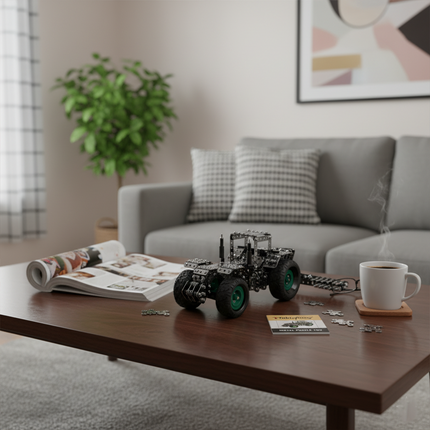 This Mechanical Cultivator 3D Metal Puzzle Kit features a detailed design with interlocking metallic components and green-accented wheels. Showcased on a wooden coffee table in a cozy living space, it blends mechanical engineering aesthetics with a realistic cultivator form. Serving as a distinctive display piece, it adds a touch of mechanical artistry and hobbyist charm to your home decor, ideal for enthusiasts and those seeking a unique decorative element in their living area.