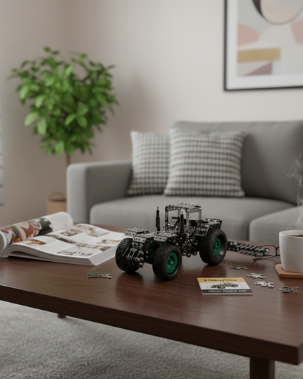 This Mechanical Cultivator 3D Metal Puzzle Kit features a detailed design with interlocking metallic components and green-accented wheels. Showcased on a wooden coffee table in a cozy living space, it blends mechanical engineering aesthetics with a realistic cultivator form. Serving as a distinctive display piece, it adds a touch of mechanical artistry and hobbyist charm to your home decor, ideal for enthusiasts and those seeking a unique decorative element in their living area.