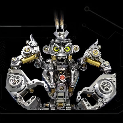 Detailed maquette en metal robot warrior made from stainless steel, highlighting complex construction and material quality.