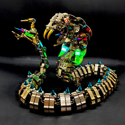 A dramatic low-angle shot of a glowing mechanical cobra, a masterpiece metal model kit, poised to strike. This metallic 3D puzzle with its intricate design is an eye-catching display.