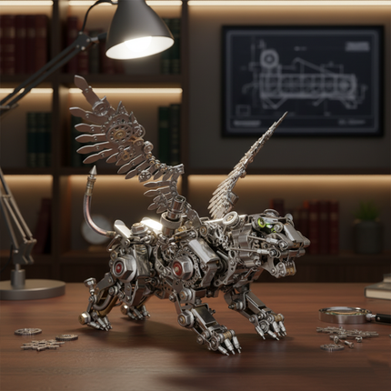 This is a steampunk-style winged mechanical tiger (assembled via 3D metal puzzles), crafted from stainless steel/alloy. It features exposed gears/joints, poseable wings/limbs, and intricate mechanical details, designed as a desk decor piece.Highlighted by industrial steampunk aesthetics, dynamic wing design, and precise puzzle craftsmanship, it’s a stylish collectible blending 3D puzzle art and mechanical decor.