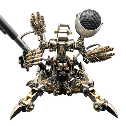 Tablefunny mechanical spider robot with a pilot figure and integrated weaponry, including dual Gatling guns and a speaker module. This detailed tablefunny desktop mecha model offers an immersive build and display experience