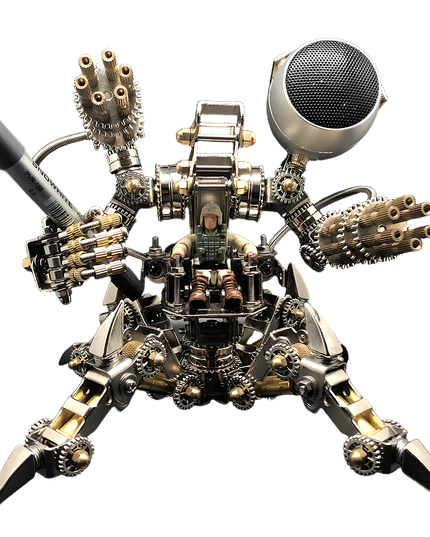 Tablefunny mechanical spider robot with a pilot figure and integrated weaponry, including dual Gatling guns and a speaker module. This detailed tablefunny desktop mecha model offers an immersive build and display experience