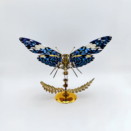 Blue-white patterned mechanical butterfly DIY 3D puzzle metal kits - enjoyable hands-on assembly craft for stress relief, finished as eye-catching funny table decor for home/boutiques, with intricate gearwork & satisfying building experience