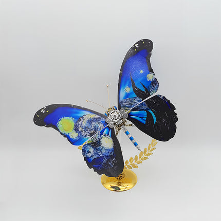 Vivid Van Gogh Starry Night mechanical butterfly DIY 3D puzzle metal model - iridescent sapphire-blue winged funny table decor, featuring intricate gearwork, shimmering star accents & opulent golden leaf stand, assembled from premium detailed metal kits