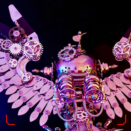 Close-up of a steampunk-inspired metal model kit owl's upper body, featuring intricate gears and wings, a captivating metallic 3D puzzle.
