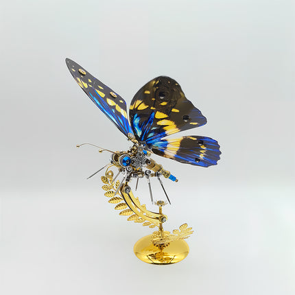 Assembled 3D puzzle metal kits - vibrant blue-yellow steampunk butterfly metal model with gear accents, creative DIY funny table craft