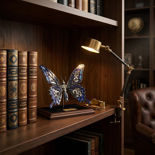 Artistic steam punk mech butterfly sculpture with a base, showcasing the intricate craftsmanship of a high-end metal model.