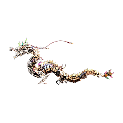 The meticulously crafted metal dragon model showcases its full-body profile, revealing intricate segmented armor and mechanical details. This impressive metal model demonstrates the creativity achievable with our DIY 3D assembly metal kits, bringing a unique and engaging desktop aesthetic to life