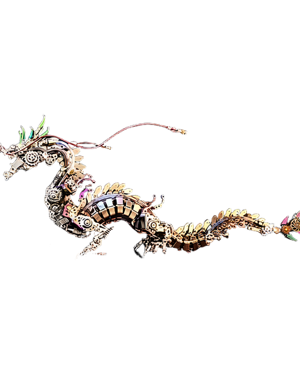 The meticulously crafted metal dragon model showcases its full-body profile, revealing intricate segmented armor and mechanical details. This impressive metal model demonstrates the creativity achievable with our DIY 3D assembly metal kits, bringing a unique and engaging desktop aesthetic to life