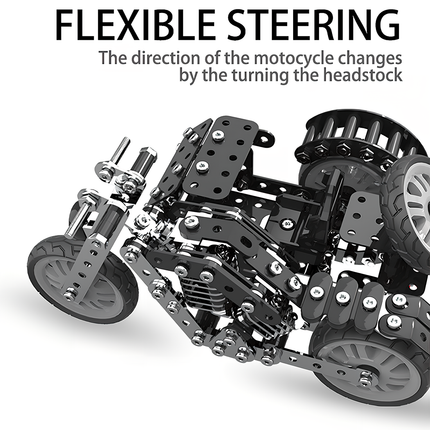Close-up of the DIY metal model motorcycle demonstrating flexible steering, where the direction changes by turning the headstock. This interactive 3D puzzle Metal Kits adds dynamic fun to any funny table display