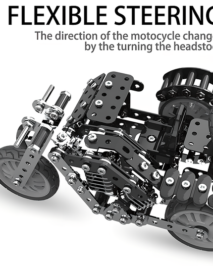 Close-up of the DIY metal model motorcycle demonstrating flexible steering, where the direction changes by turning the headstock. This interactive 3D puzzle Metal Kits adds dynamic fun to any funny table display