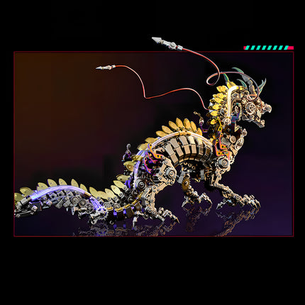 A sleek mechanical dragon with illuminated tail and intricate golden and silver components, representing a challenging metal model kit. This metallic 3D puzzle is a unique blend of art and engineering.