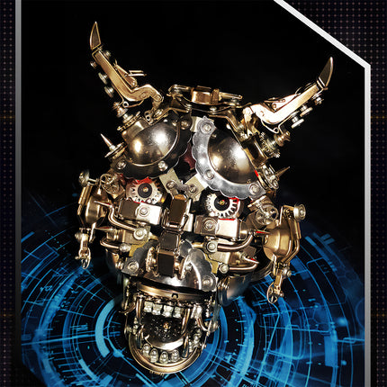 Gold-silver cyber-industrial mechanical monster head DIY 3D puzzle metal model: Intricate gears & metallic parts, a funny table decor for tech-collection showcase