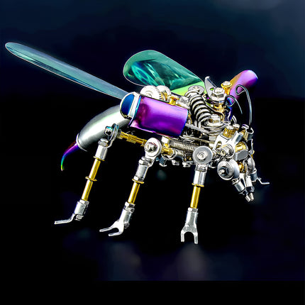 Side view of a colorful steampunk hornet mech metal model, a striking 3D puzzle metal kit for fans of mechanical steampunk.